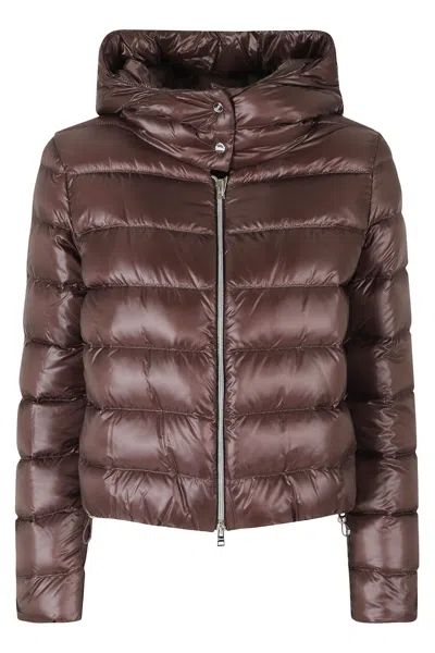 Herno Dark Brown High Neck Hooded Double-slider Zip Polyamide Down Jacket In Multi