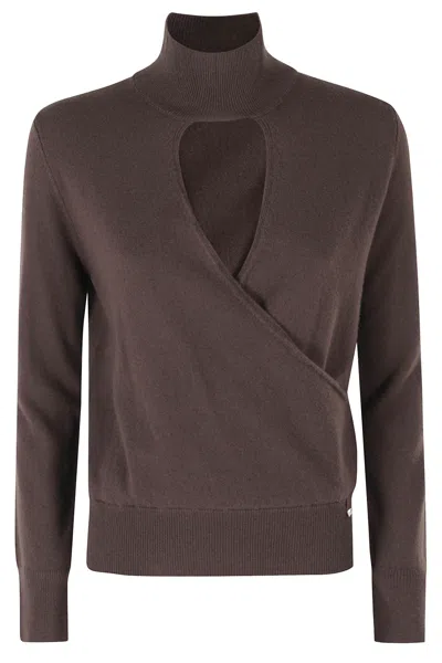Herno Dark Brown High-neck Cut-out Crossover Wool Sweater