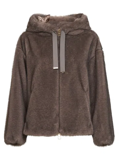 Herno Dark Taupe Melange Alternative Mink Fur Bomber Jacket In Brown