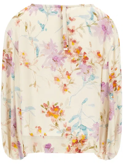 Herno Delicate Floral Print Blouse With Puff Sleeves And Keyhole Detail In Multi