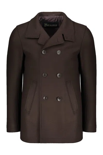 Herno Double-breasted Coat In Brown