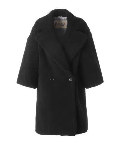 Herno Double-breasted Teddy Coat In Black