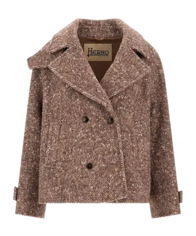Herno Double Breasted Tweed Jackets In Brown