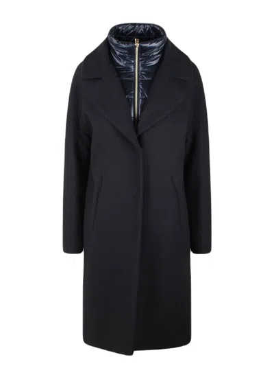Herno Black Padded Single-breasted Coat In Mixed Of Tech Materials Woman In Blue