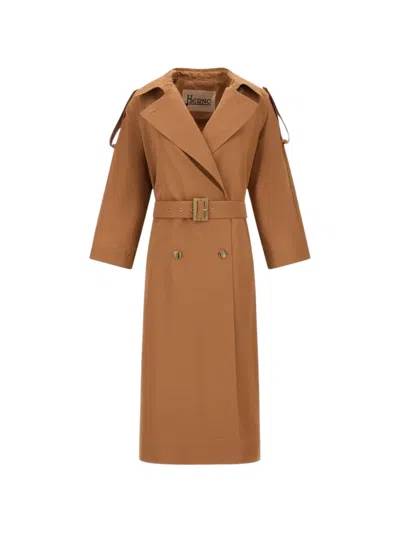 Herno Double-breasted Belted Trench Coat In Brown