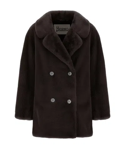 Herno Double-breasted Faux Fur Coat In Dark Brown