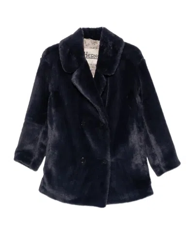 Herno Double-breasted Faux Fur Coat In Blue