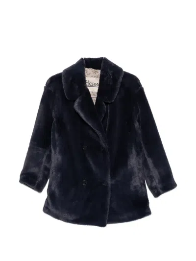 Herno Double-breasted Faux-fur Coat In Blue