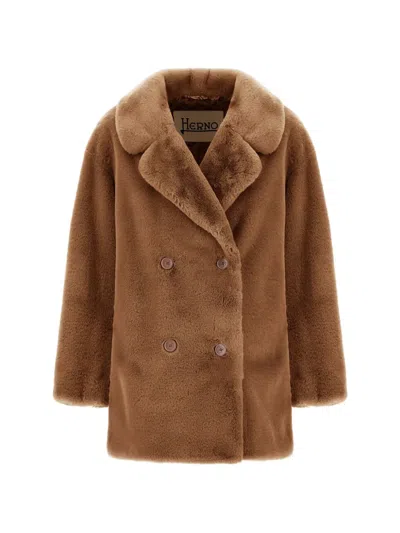Herno Double-breasted Faux-fur Coat In Brown