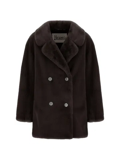 Herno Double-breasted Faux-fur Peacoat In Brown