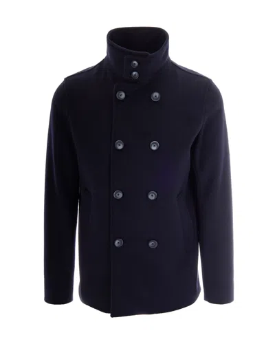 Herno Double-breasted Jacket In Wool-effect Fabric With High Collar In Blue
