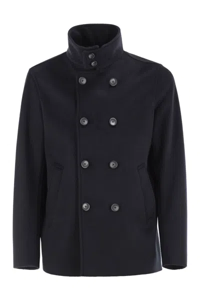 Herno Double-breasted Jacket In Wool-effect Fabric With High Collar In Black