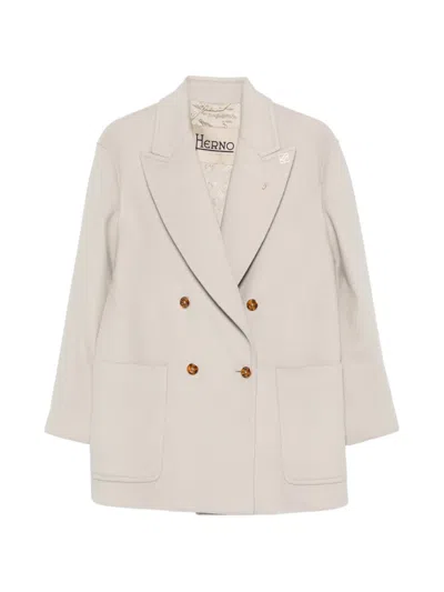 Herno Double-breasted Peak-lapel Coat In Neutral
