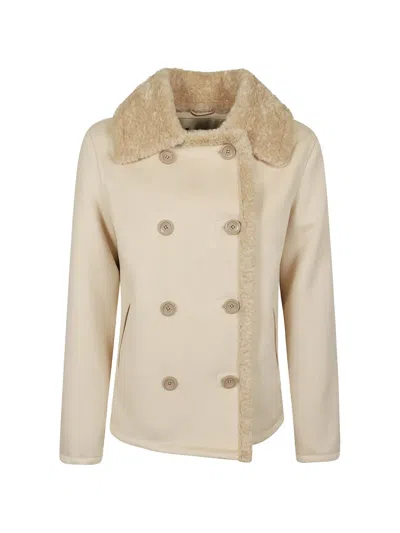 Herno Double-breasted Shearling-trim Jacket In Neutral