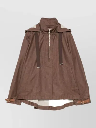 Herno Down Jacket Hooded Belt And Strap Detail In Brown