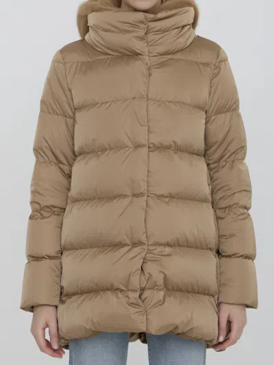 Herno Down Jacket In Nylon And Eco-fur In Beige