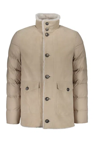 Herno Down Jacket In Nylon And Lamb Shearling In Beige