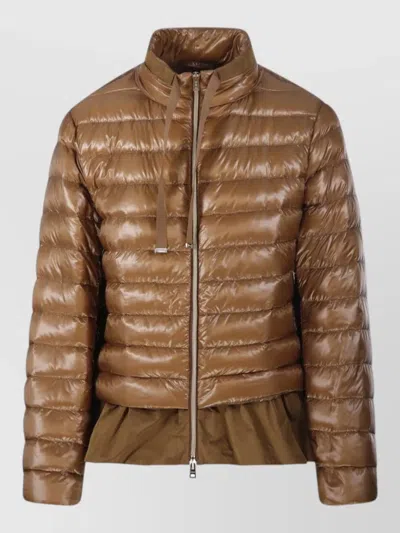 Herno Down Jacket Peplum Hem High Collar In Brown