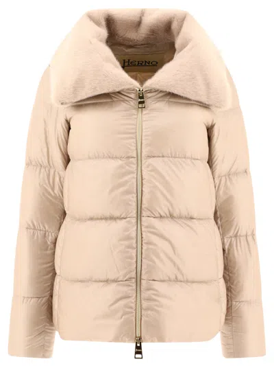 Herno Faux-fur Collar Quilted Jacket In Beige