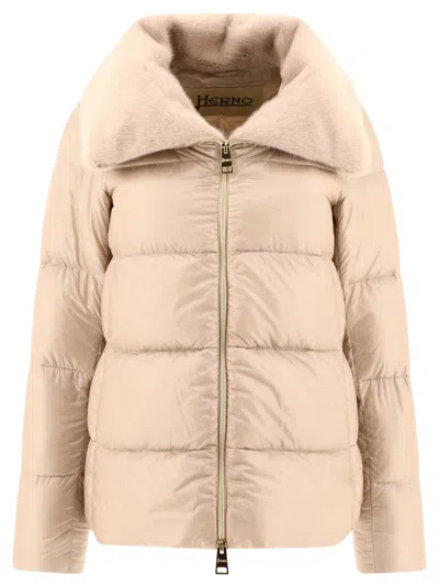 Herno Down Jacket With Faux Fur Inserts Jackets Beige In Tan