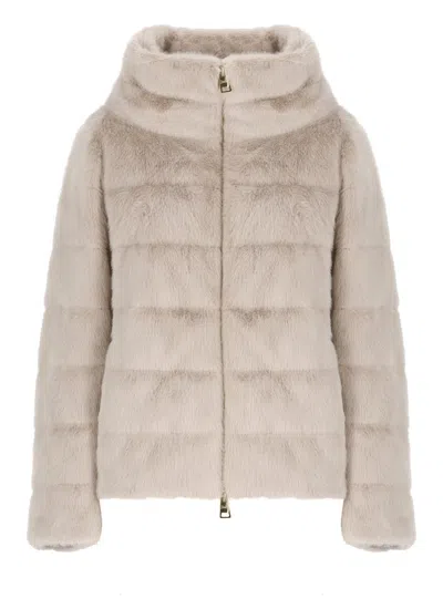 Herno Ivory Faux Fur Quilted Down Jacket In Neutral