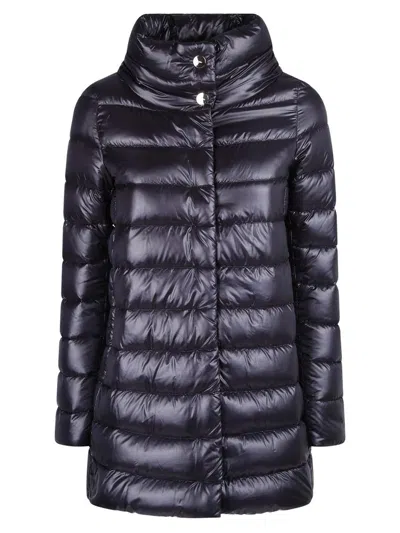 Herno Navy Long Puffer Jacket With High Collar In Blue