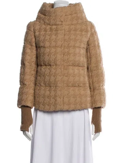 Pre-owned Herno Down Tweed Pattern Faux Fur Jacket In Brown