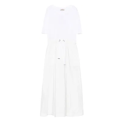 Herno White Crewneck Long Dress With Front Knot In Tech Fabric Woman In Gray