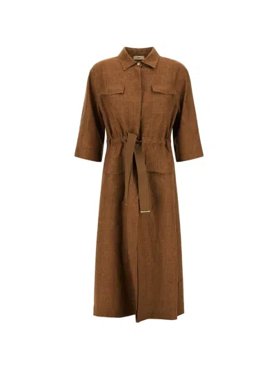 Herno Drawstring-waist Linen Midi Dress In Brown