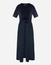 Herno Blue Crewneck Midi Dress With Elastic Drawstring Waist And Panelled Design In Blu Navy