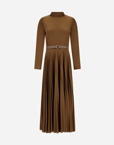 Herno Dress In Pleated Jersey And Monogram In Brown