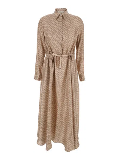 Herno Dress With Classic Collar And All-over Print In Silk Woman In Sand