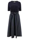 Herno Blue Crewneck Midi Dress With Elastic Drawstring Waist And Panelled Design