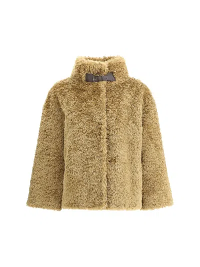 Herno Plush Faux Fur Jacket With High Collar And Buckle Closure In Brown