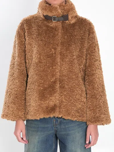 Herno Faux Fur Coat With Leather Belt In Brown