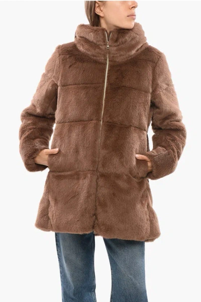 Herno Eco-fur Coat With Quilted Lining In Brown