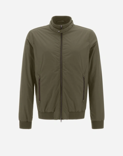 Herno Ecoage Bomber Jacket With Band Collar In Green/beige