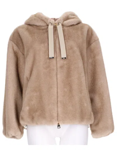 Herno Eco-fur Textured Bomber Jacket With Hood And Drawstring Detail In Neutral