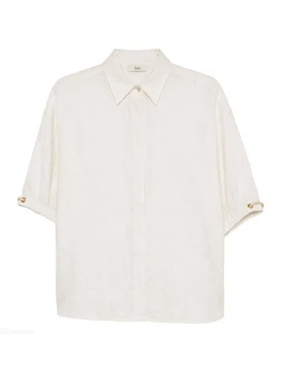 Herno Elegant Short-sleeved Linen-viscose Shirt With Adjustable Drawstring Sleeves In Neutral