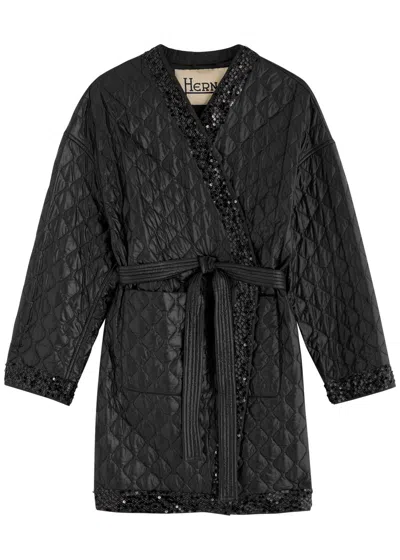 Herno Embellished Quilted Shell Wrap Jacket In Black