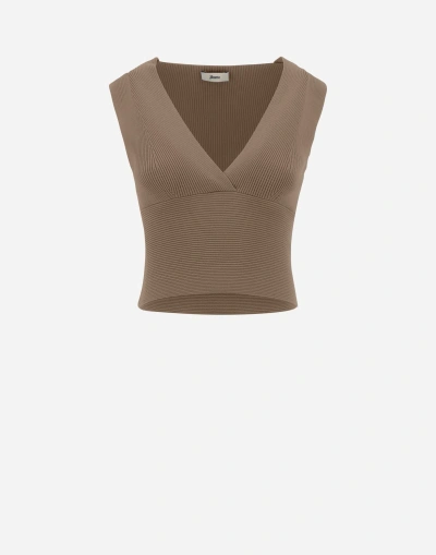 Herno Endless Viscose Rib Top In Camel