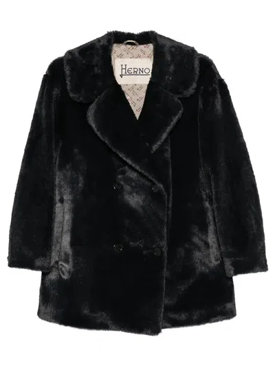 Herno Faux Beaver-effect Fur Peacoat In Black