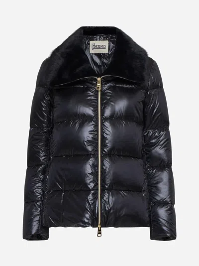 HERNO FAUX FUR AND QUILTED NYLON DOWN BOMBER JACKET