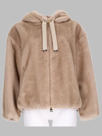 Herno Faux Fur Bomber Jacket In Beige