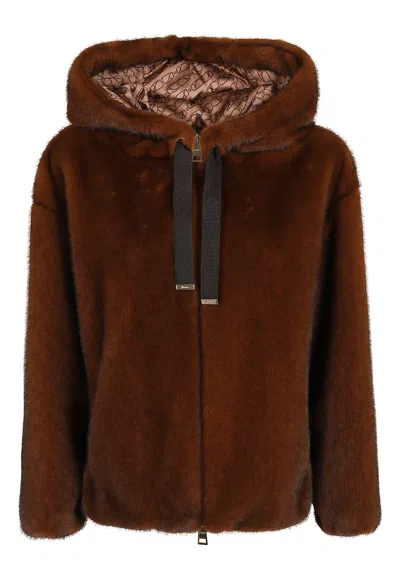 Herno Faux Fur Bomber Jacket With Shaved Mink Effect In Brown