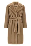 Herno Long Faux Fur Coat With Belted Waist In Brown