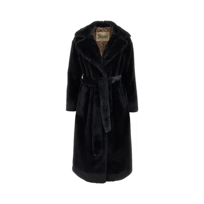 Herno Faux Fur Coat With Belt In Blue
