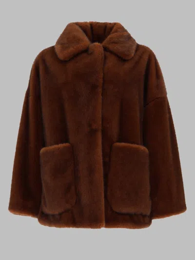 Herno Faux Fur Collar Coat With Patch Pockets In Brown