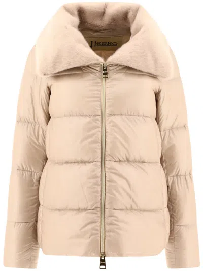 Herno Faux-fur Collar Quilted Jacket In Beige