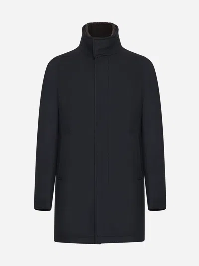 Herno Faux-fur Collar Twill Coat In Navy